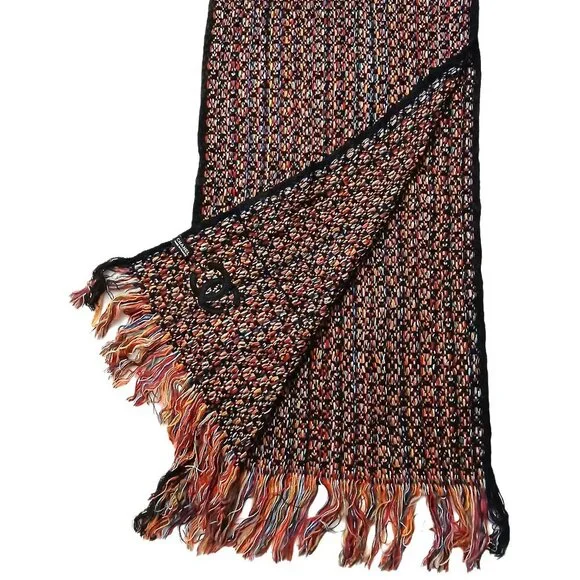 CHANEL Luxury Vintage Black & Red Multi-Color Woven Fringed Shawl Wrap Scarf - Picture 1 of 15